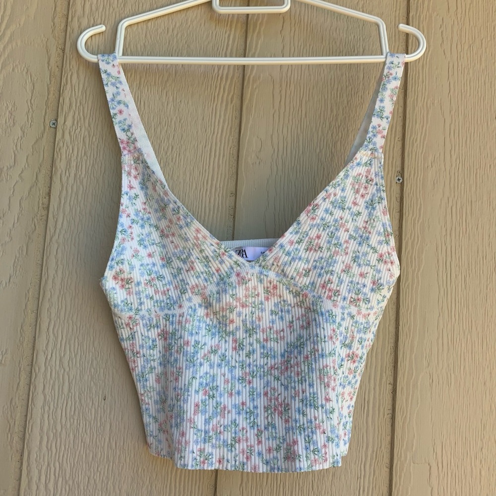 ZARA floral print cropped ribbed tank top